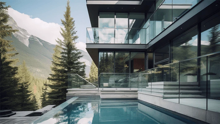 Casa com janelas e guarda-corpo de vidro