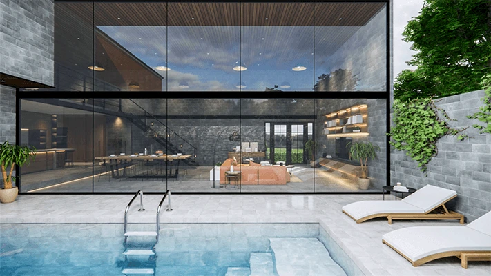Casa com janelas de vidro e piscina com revestimento.